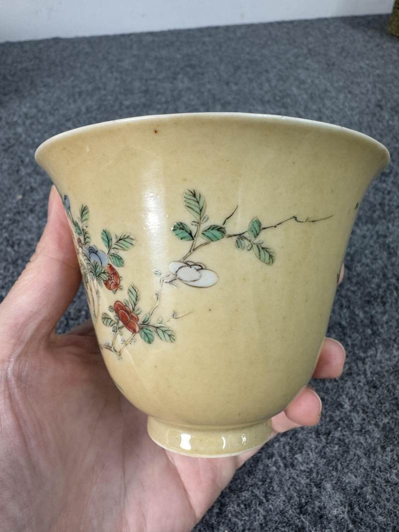 清康熙 米黃地五彩花鳥紋杯一對 - 图4