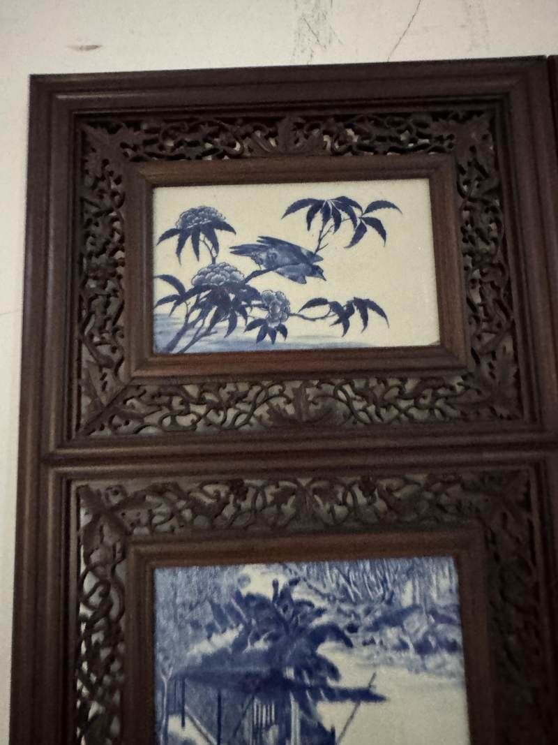 清 青花耕織圖花鳥屏風八扇 - 图23