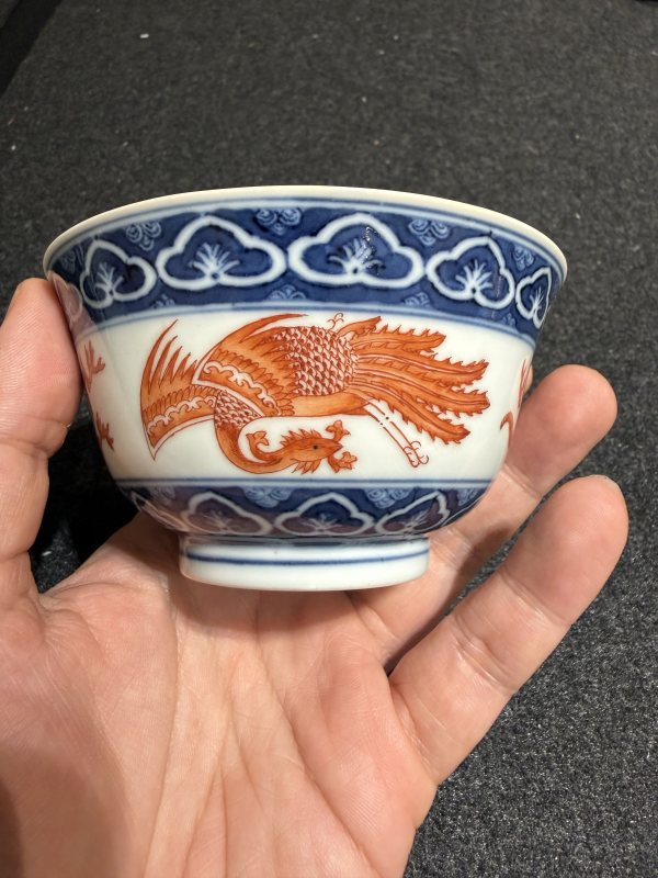清道光 “退思堂製”款青花礬紅彩龍鳳紋蓋碗 - 图6