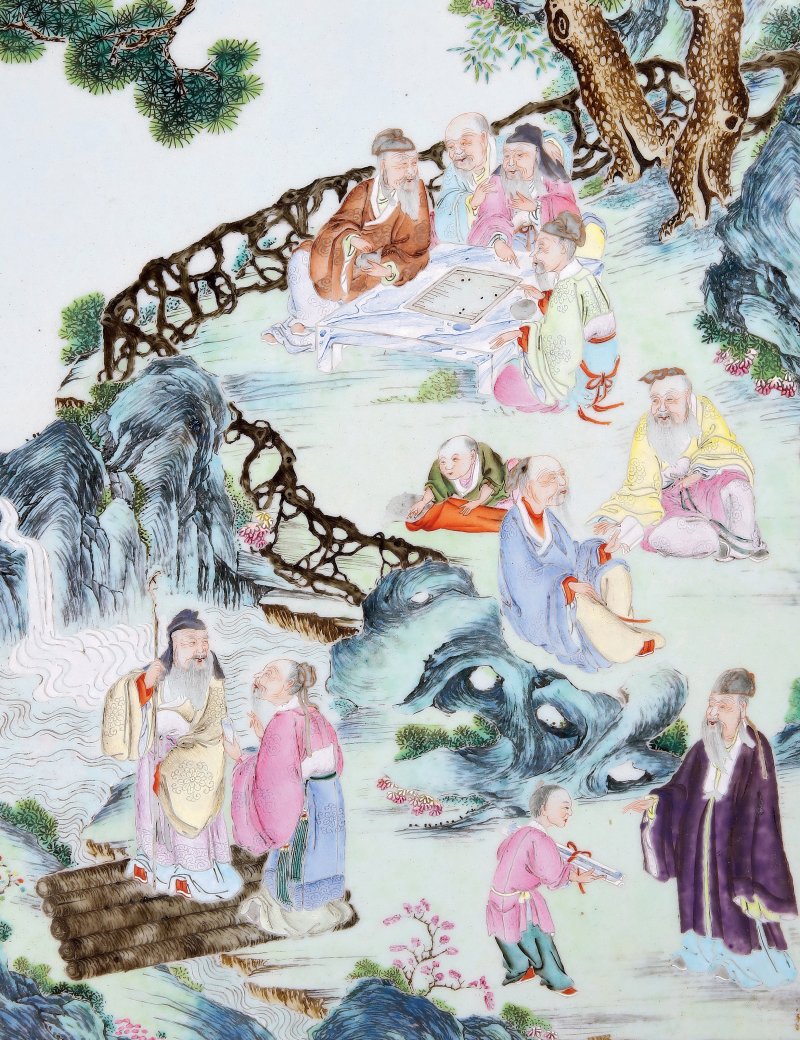 清乾隆 绿地粉彩轧道开光「会昌九老」图瓷板挂屏 - 图3