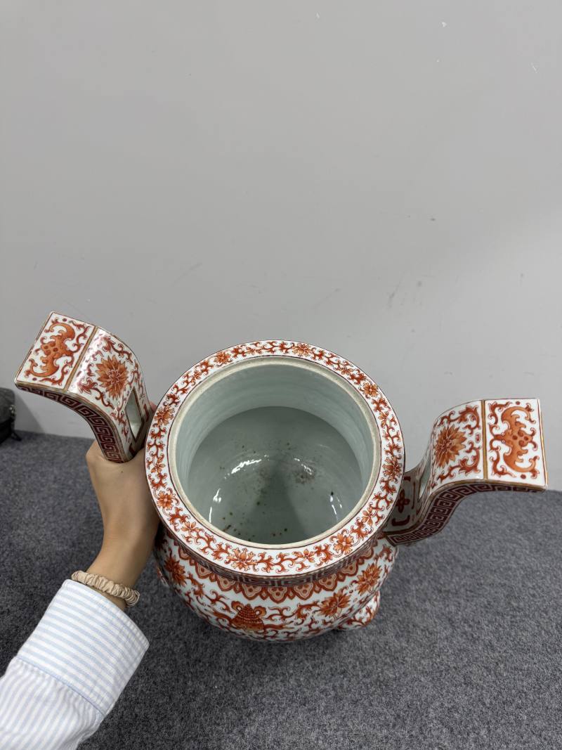清嘉慶 礬紅蓮托八寶紋朝冠耳三足爐 - 图15
