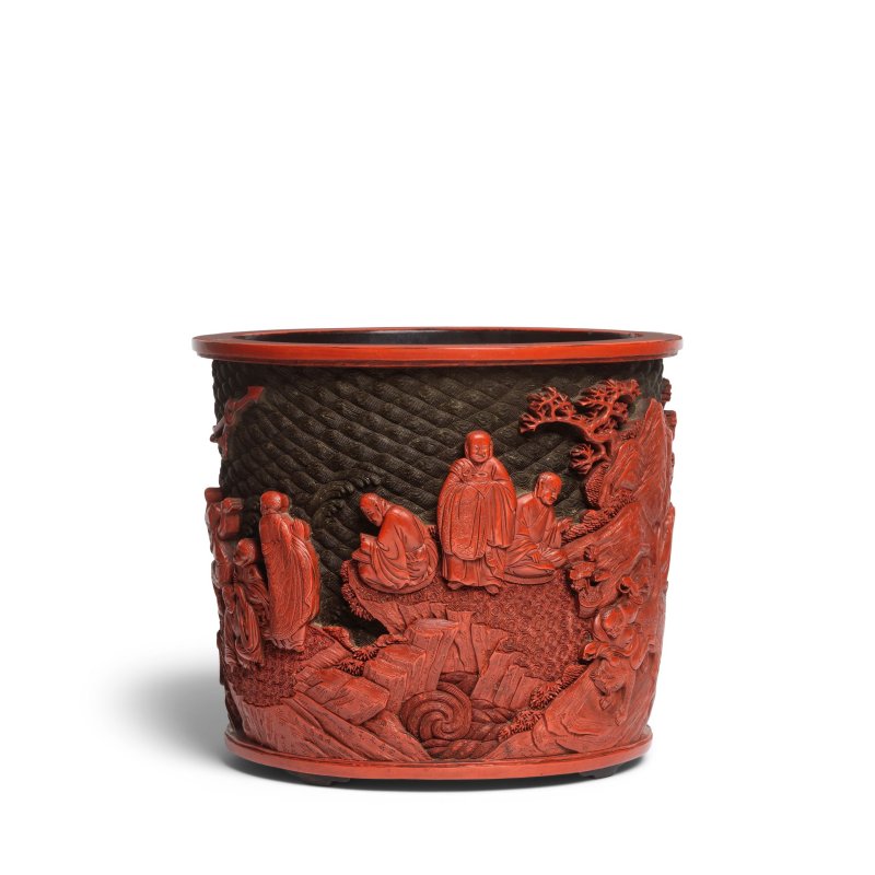 清乾隆 綠地剔紅十八羅漢圖筆筒 | A RARE CARVED CINNABAR LACQUER 'EIGHTEEN LUOHANS' BRUSHPOT, BITONG - 图4