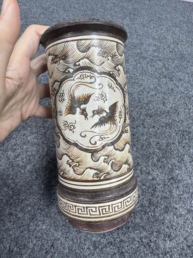 吉州窯鳳鳥海浪紋香筒 - 图2