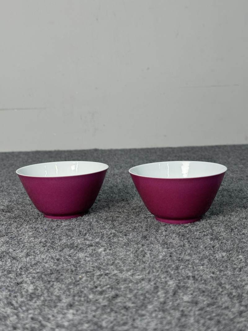 清雍正 胭脂紅釉內粉彩瓜果紋杯一對 - 图4