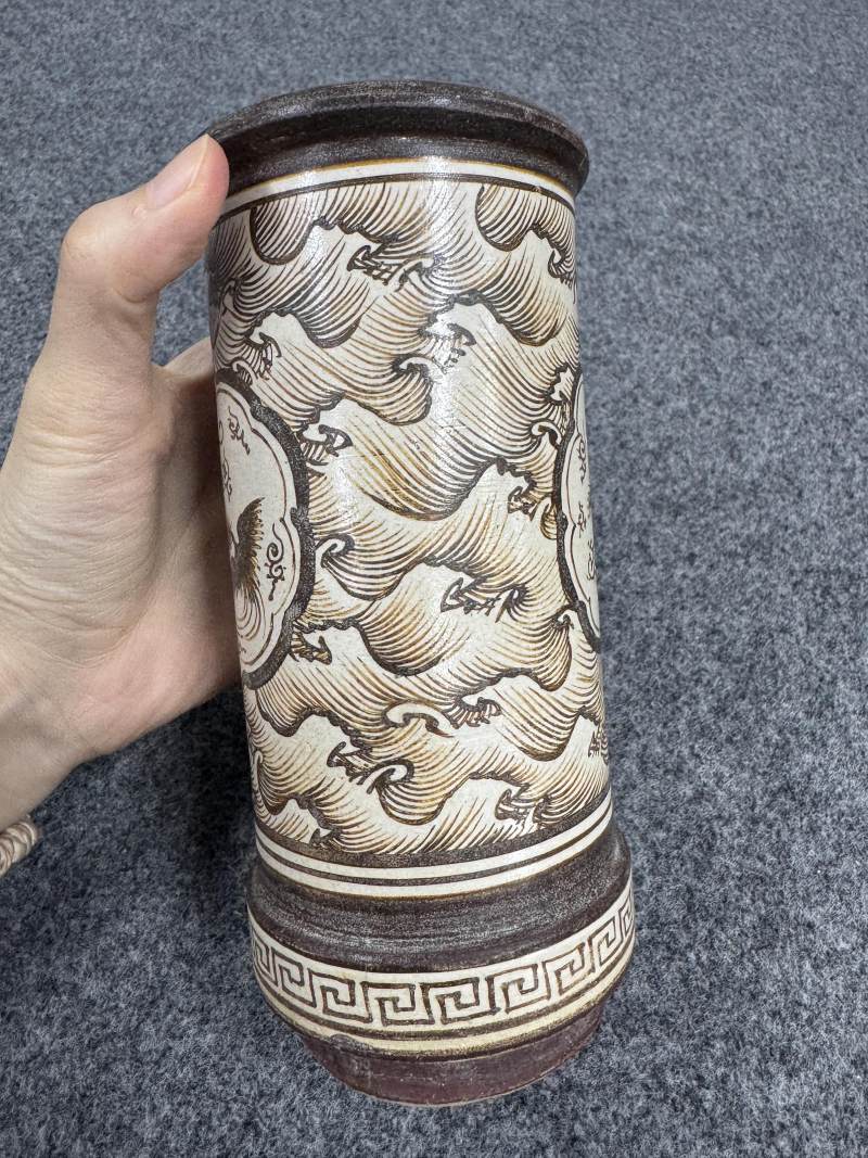 吉州窯鳳鳥海浪紋香筒 - 图3