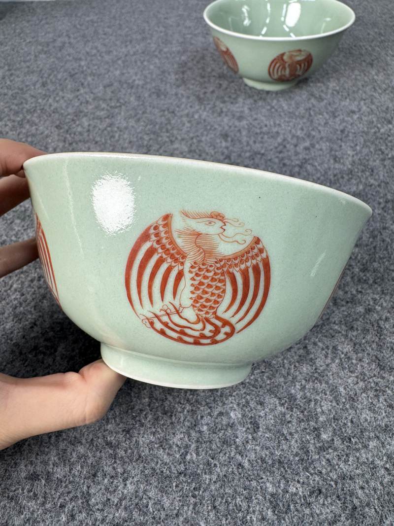 清道光 青釉礬紅團鳳紋碗一對 - 图18