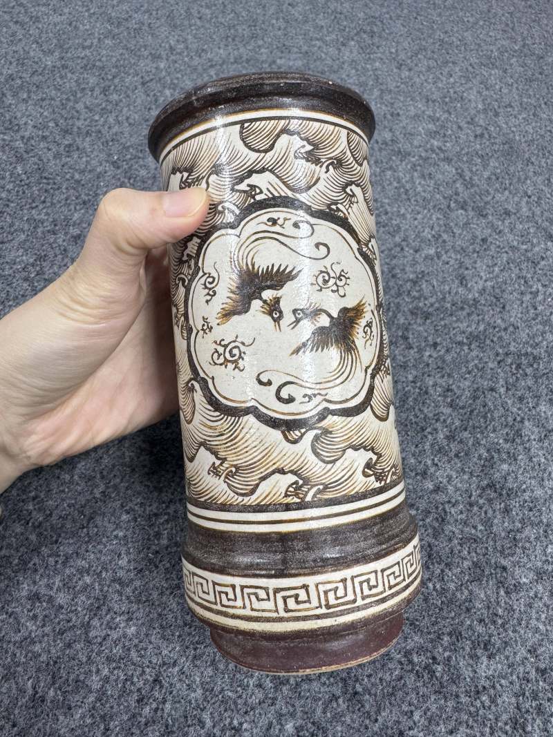 吉州窯鳳鳥海浪紋香筒 - 图4