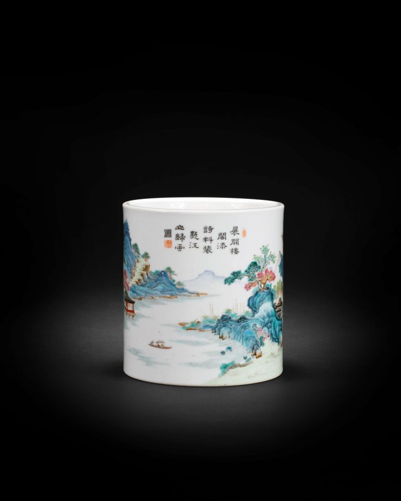 清乾隆 粉彩九江琵琶亭山水圖筆筒 | AN EXTREMELY RARE AND IMPORTANT 'TANG YING' FAMILLE ROSE BRUSHPOT, BITONG - 图23
