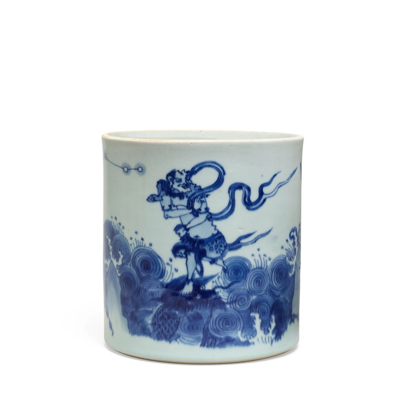 清順治 青花魁星點斗圖詩文筆筒 | A RARE BLUE AND WHITE 'KUI XING' BRUSHPOT, BITONG