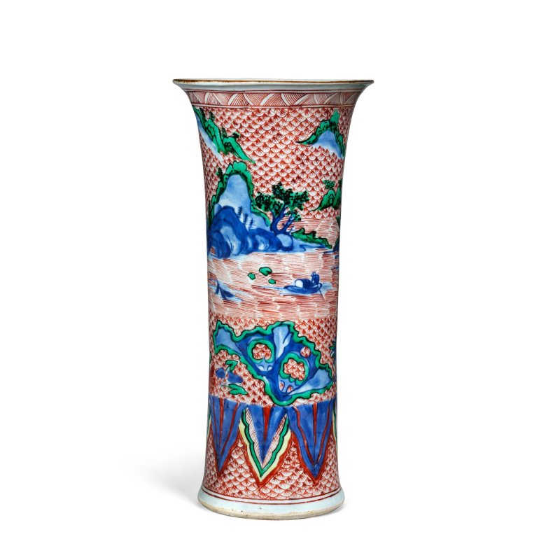 清順治 青花五彩風景圖花觚 | A WUCAI 'FISH-SCALE'-GROUND 'LANDSCAPE AND ROCKWORK' SLEEVE VASE, GU - 图5