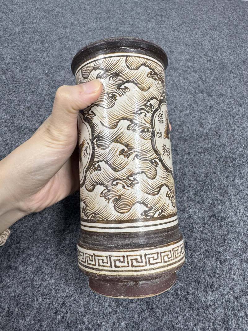 吉州窯鳳鳥海浪紋香筒 - 图5