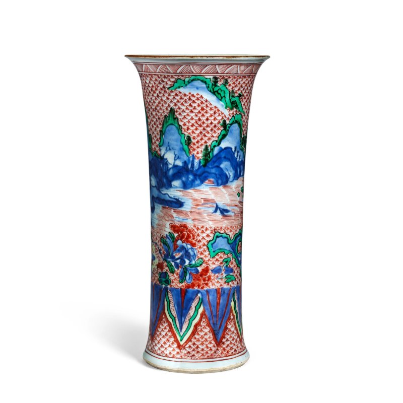 清順治 青花五彩風景圖花觚 | A WUCAI 'FISH-SCALE'-GROUND 'LANDSCAPE AND ROCKWORK' SLEEVE VASE, GU - 图6