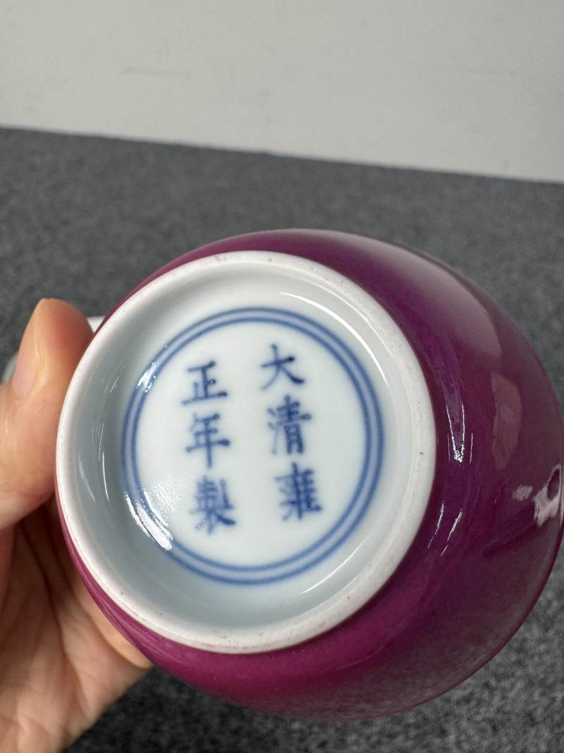 清雍正 胭脂紅釉內粉彩瓜果紋杯一對 - 图11