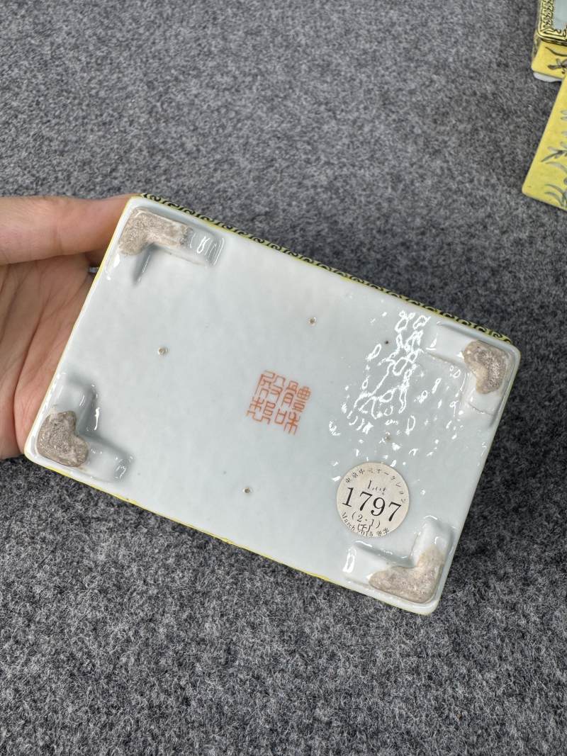 清光緒 黃地墨彩蘭紋長方小花盆帶奩一對 - 图37