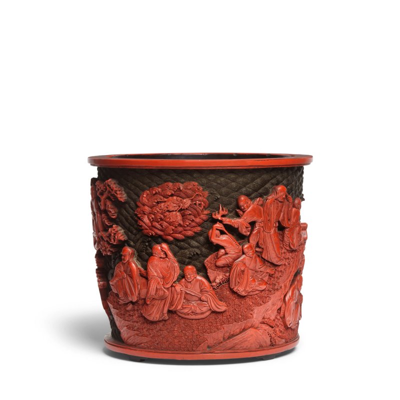 清乾隆 綠地剔紅十八羅漢圖筆筒 | A RARE CARVED CINNABAR LACQUER 'EIGHTEEN LUOHANS' BRUSHPOT, BITONG - 图6
