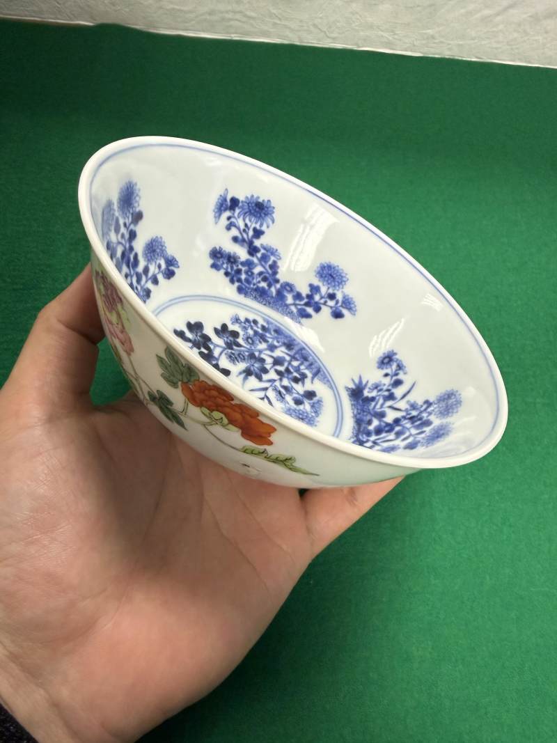 清道光 外粉彩花鳥紋內青花折枝花卉紋碗 - 图15