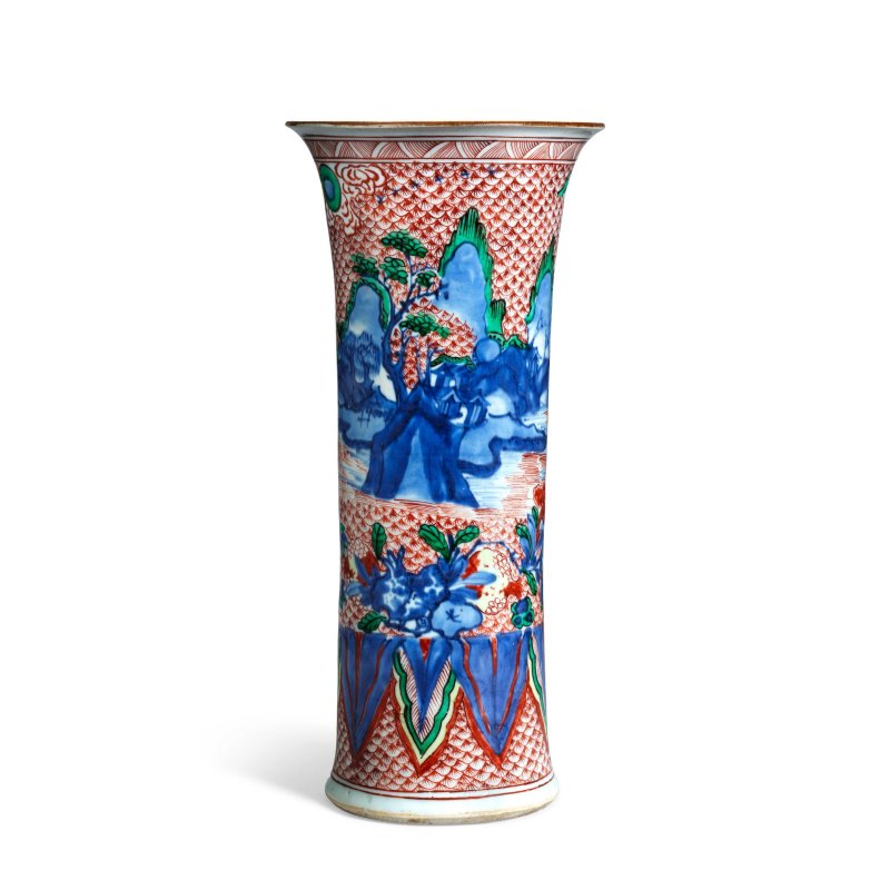 清順治 青花五彩風景圖花觚 | A WUCAI 'FISH-SCALE'-GROUND 'LANDSCAPE AND ROCKWORK' SLEEVE VASE, GU - 图7