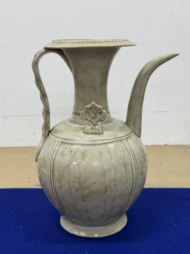 金村窯青釉陰刻水波紋執壺 - 图5