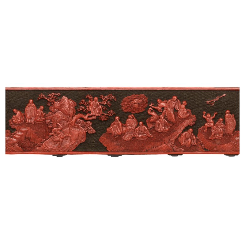 清乾隆 綠地剔紅十八羅漢圖筆筒 | A RARE CARVED CINNABAR LACQUER 'EIGHTEEN LUOHANS' BRUSHPOT, BITONG - 图7