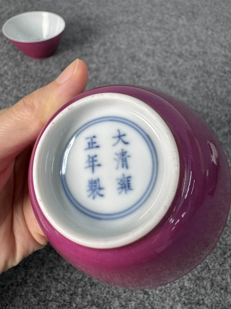 清雍正 胭脂紅釉內粉彩瓜果紋杯一對 - 图19