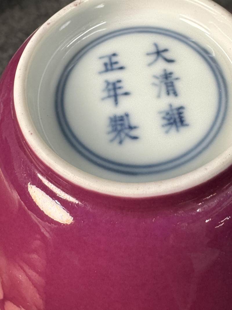 清雍正 胭脂紅釉內粉彩瓜果紋杯一對 - 图20