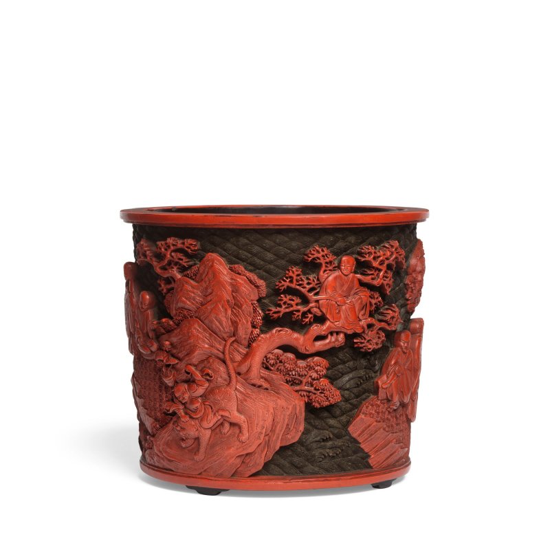 清乾隆 綠地剔紅十八羅漢圖筆筒 | A RARE CARVED CINNABAR LACQUER 'EIGHTEEN LUOHANS' BRUSHPOT, BITONG - 图8