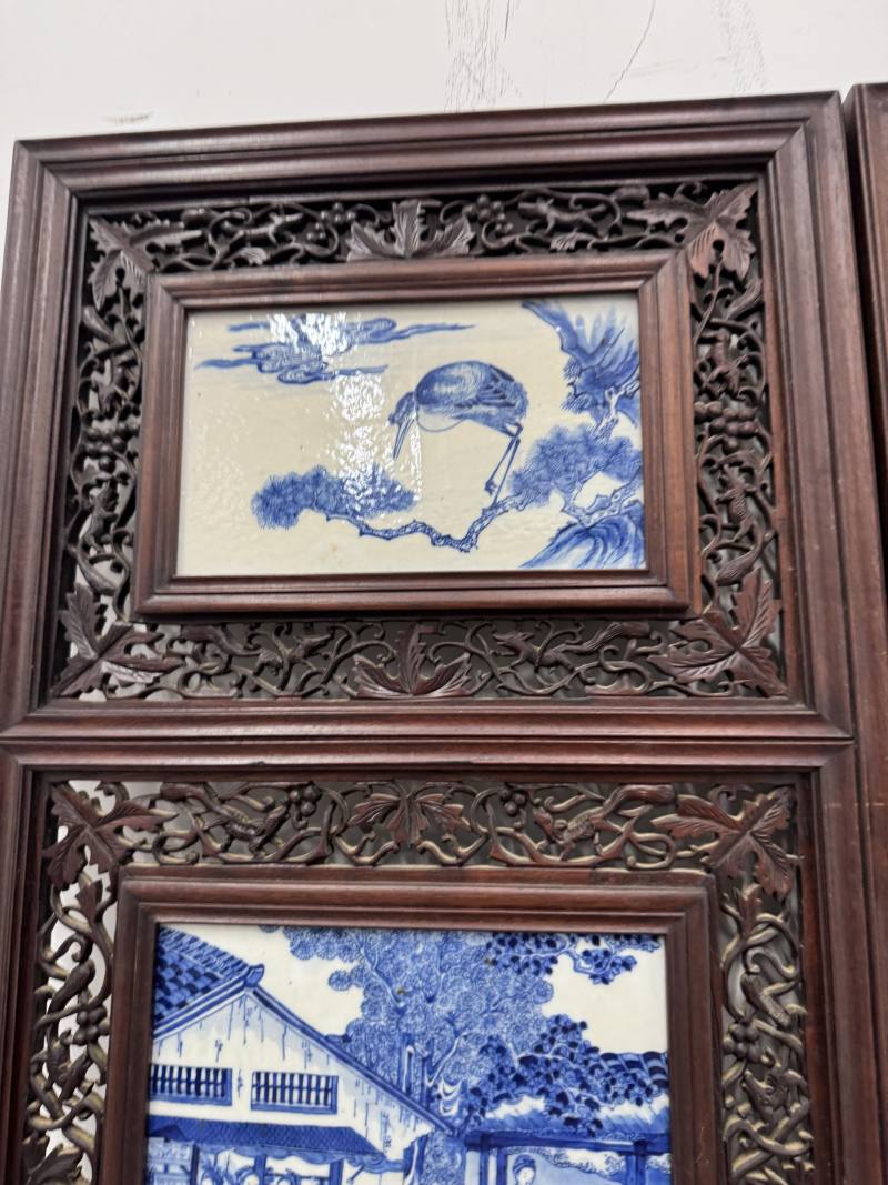 清 青花耕織圖花鳥屏風八扇 - 图34