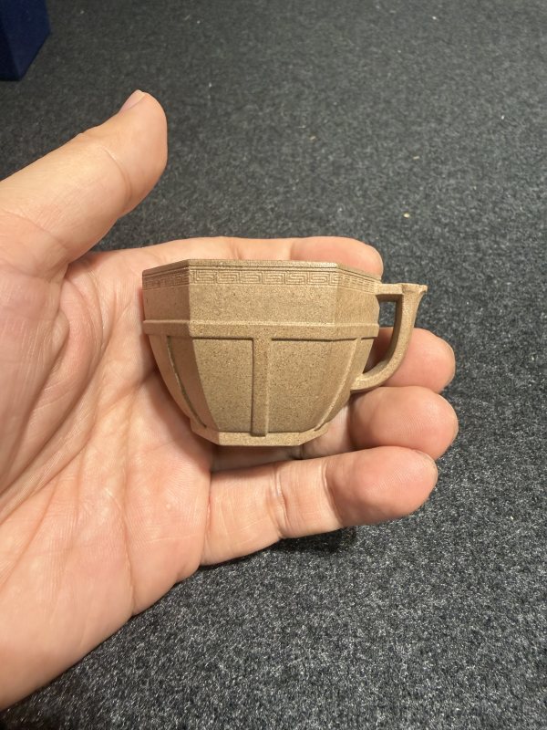 清 宇昭款紫砂六方小杯（附木座） - 图3