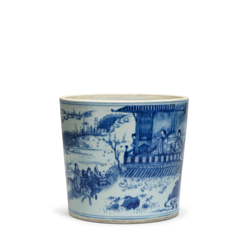 明崇禎 青花人物故事圖筆筒 | A BLUE AND WHITE 'LADY PLAYING FLUTE' BRUSHPOT, BITONG