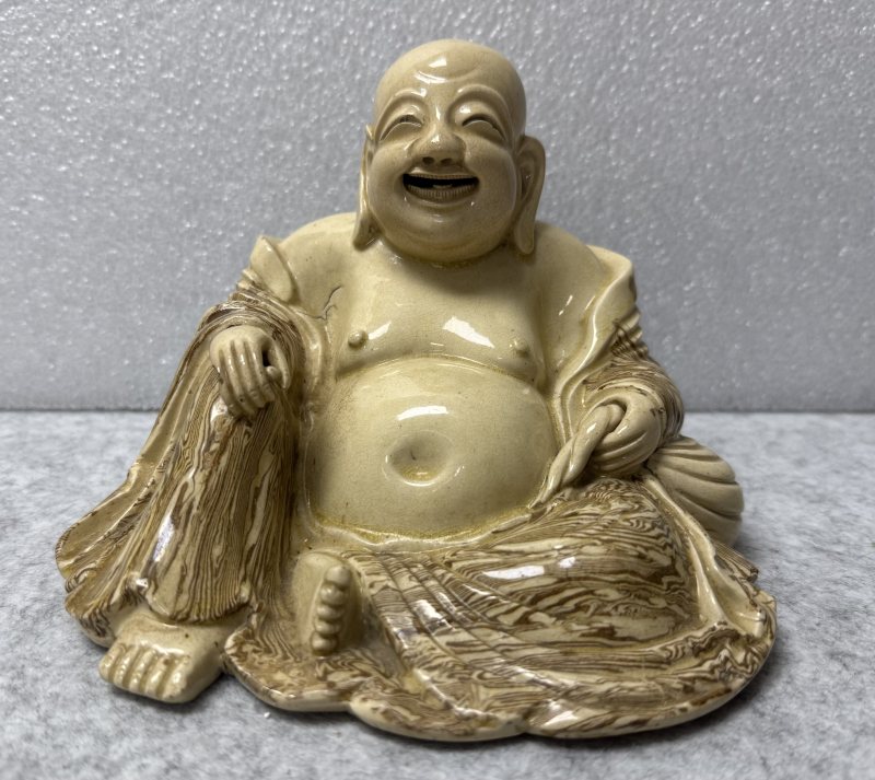 明 漳州窯絞胎米黃釉布袋和尚 - 图2