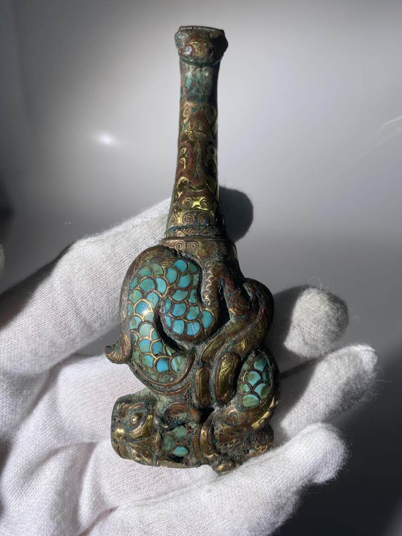 銅錯金螭虎紋嵌綠松石帶鉤 - 图3