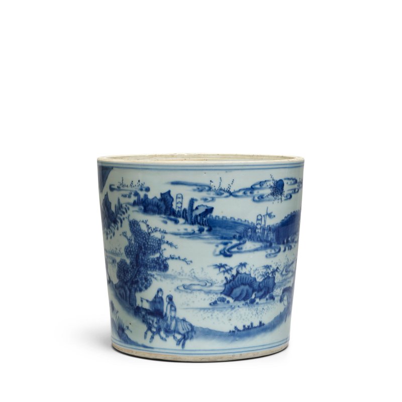 明崇禎 青花人物故事圖筆筒 | A BLUE AND WHITE 'LADY PLAYING FLUTE' BRUSHPOT, BITONG - 图2
