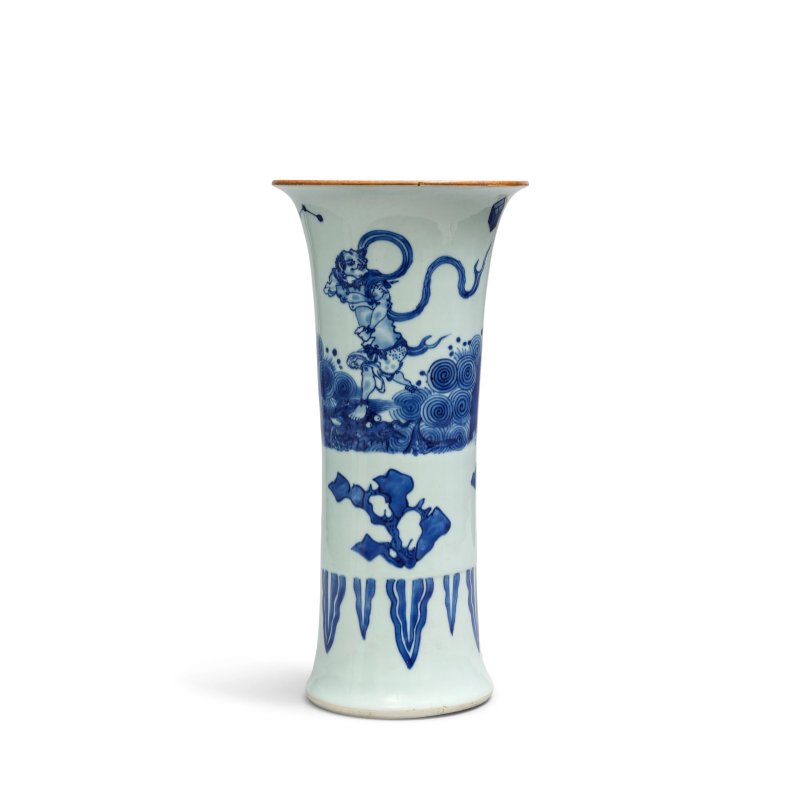 清順治 青花魁星點斗詩文花觚 | A RARE BLUE AND WHITE 'KUI XING' BEAKER VASE