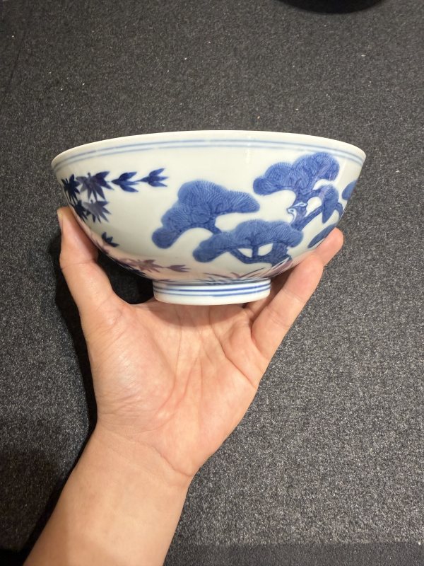 清光緒青花歲寒三友圖碗一對 - 图4
