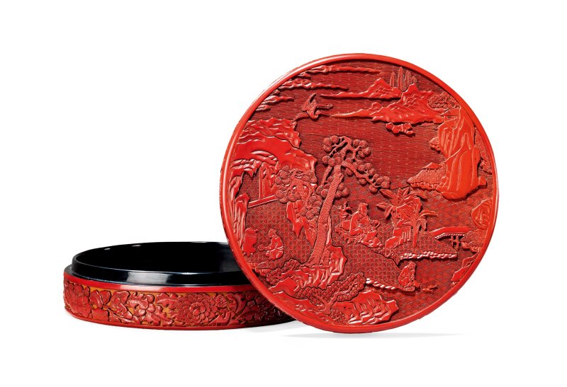 明早期 剔红高士图捧盒 - 图2
