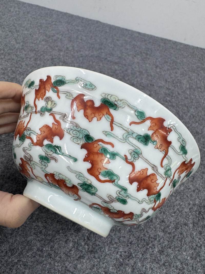 清光緒 外粉彩雲蝠內青花荷紋碗 - 图5