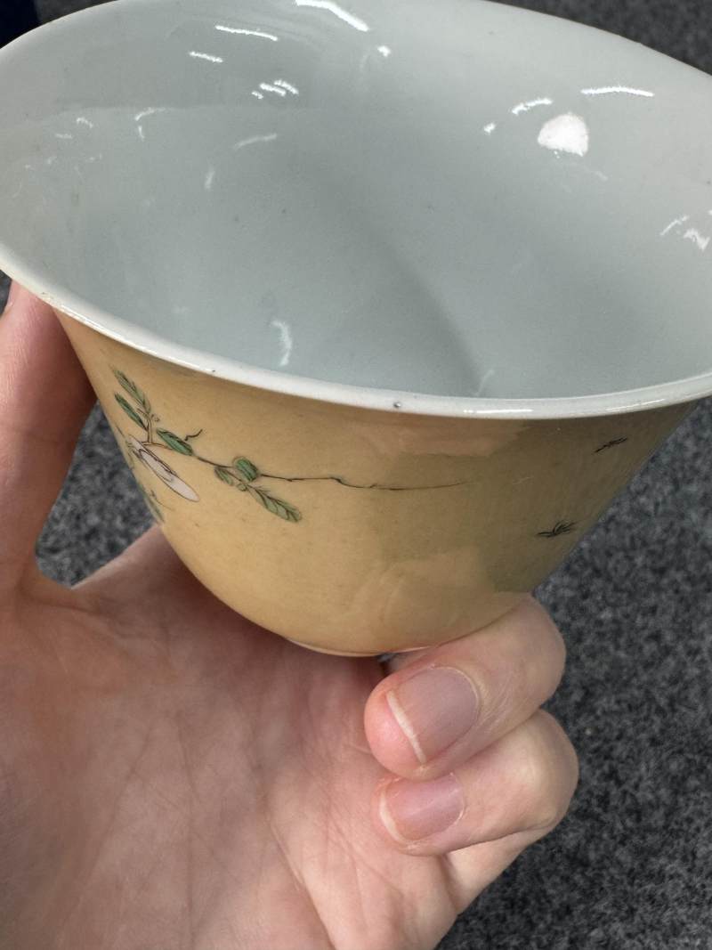 清康熙 米黃地五彩花鳥紋杯一對 - 图17