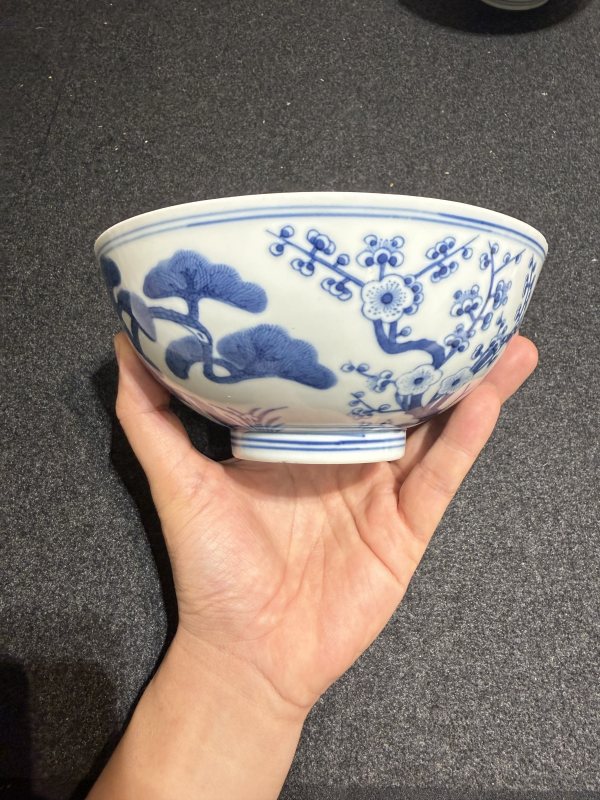 清光緒青花歲寒三友圖碗一對 - 图5