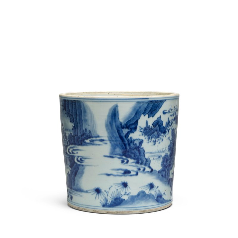 明崇禎 青花人物故事圖筆筒 | A BLUE AND WHITE 'LADY PLAYING FLUTE' BRUSHPOT, BITONG - 图3