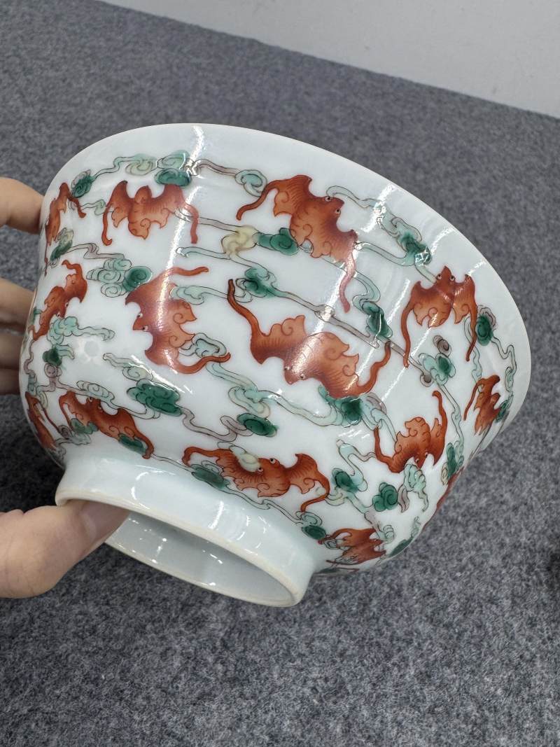 清光緒 外粉彩雲蝠內青花荷紋碗 - 图7
