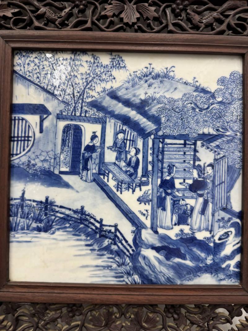 清 青花耕織圖花鳥屏風八扇 - 图39