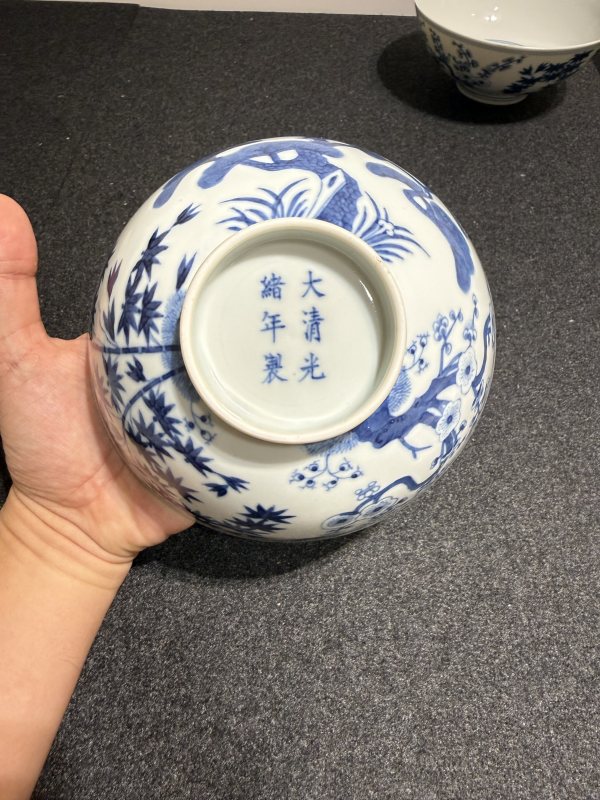 清光緒青花歲寒三友圖碗一對 - 图8