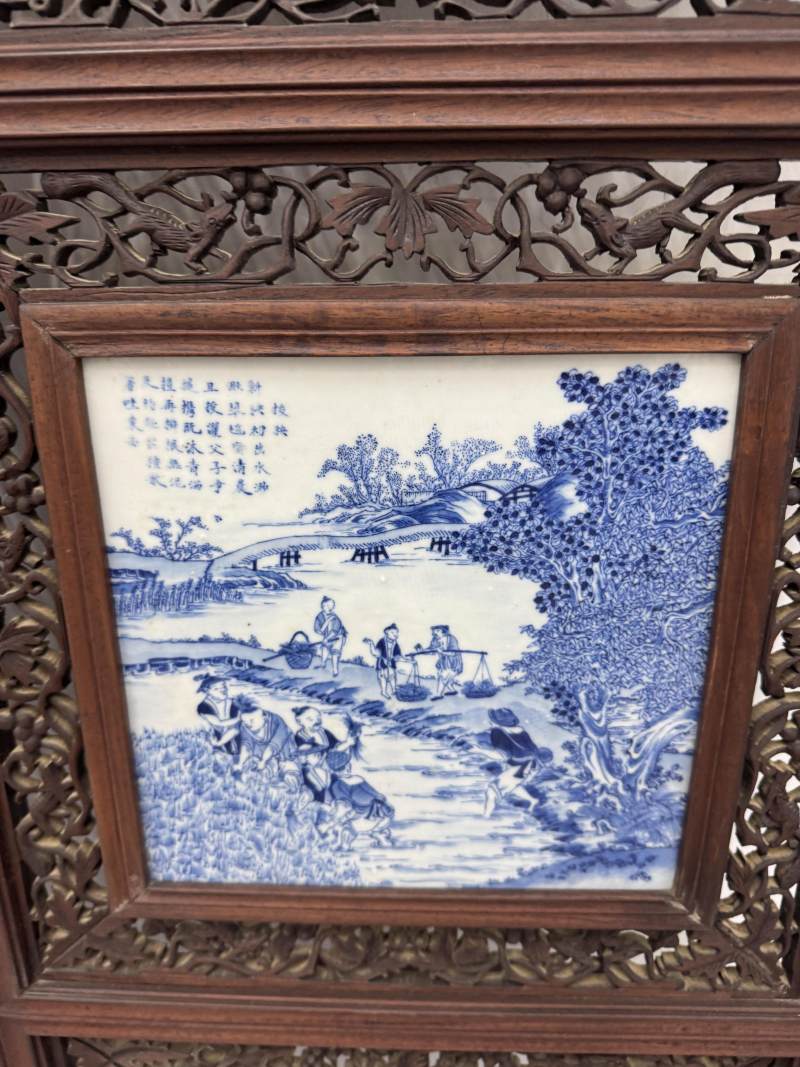 清 青花耕織圖花鳥屏風八扇 - 图41