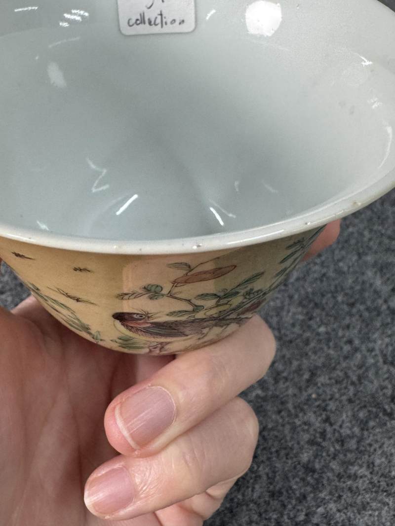 清康熙 米黃地五彩花鳥紋杯一對 - 图19