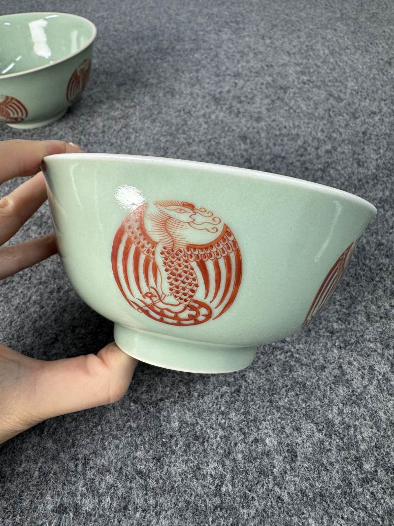 清道光 青釉礬紅團鳳紋碗一對 - 图5