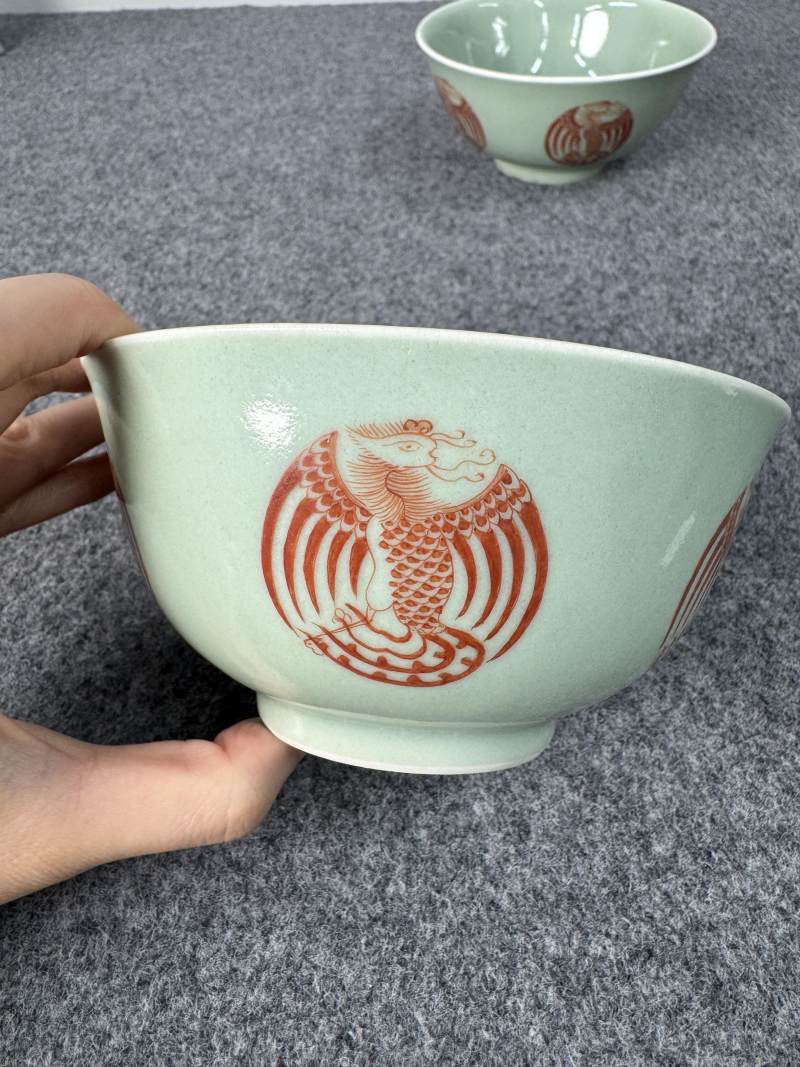 清道光 青釉礬紅團鳳紋碗一對 - 图20