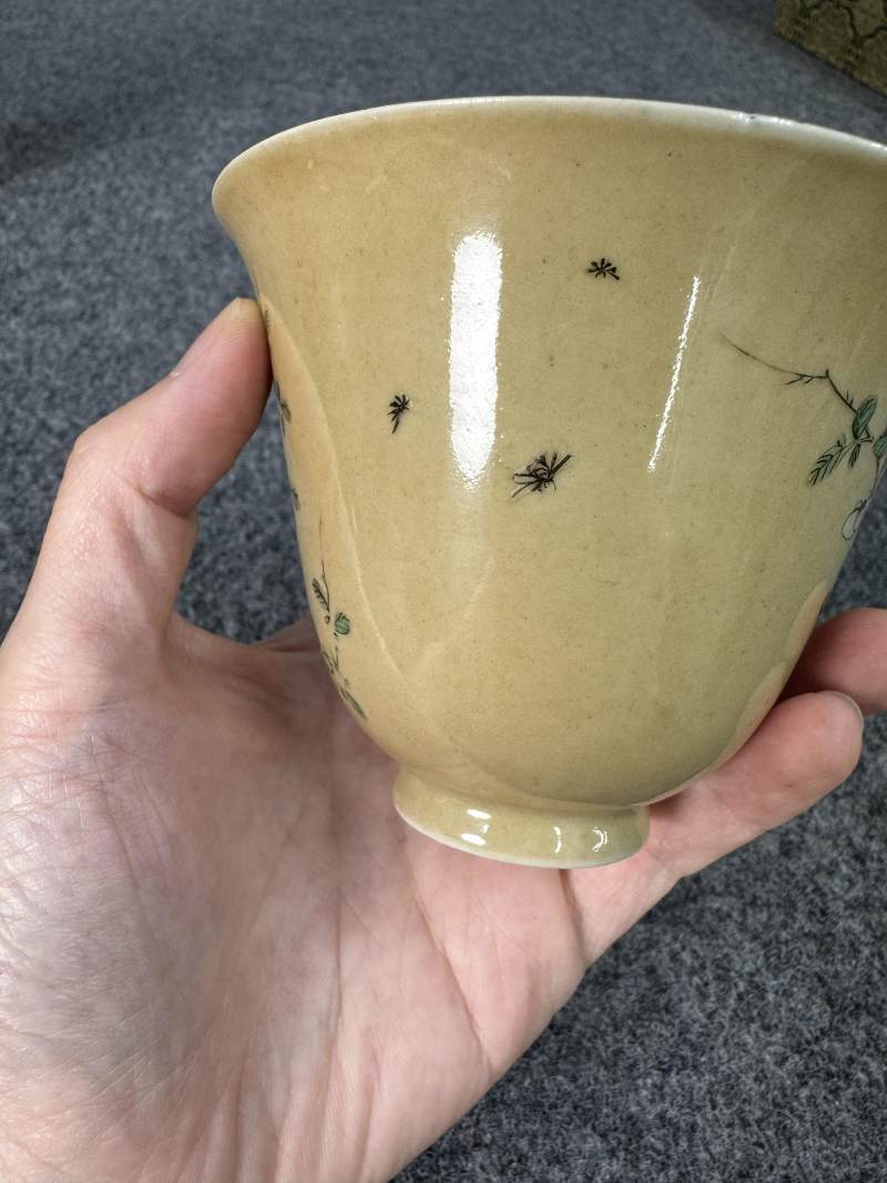 清康熙 米黃地五彩花鳥紋杯一對 - 图22