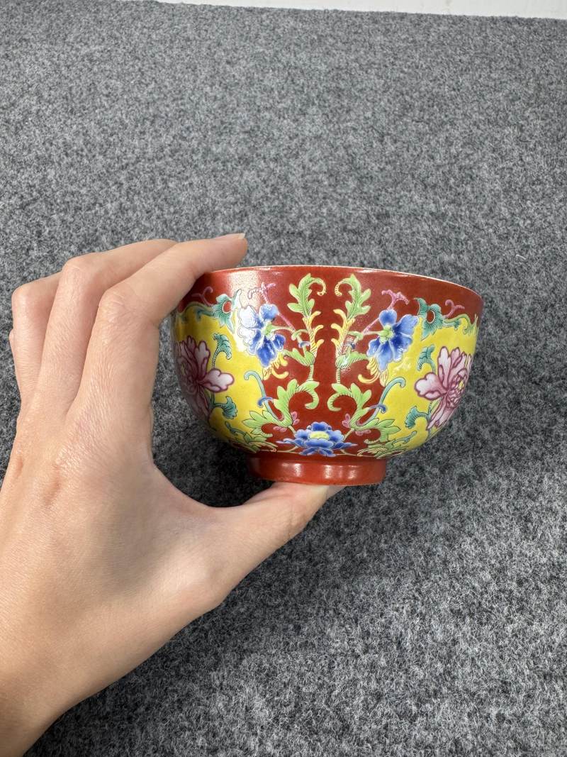 清道光 珊瑚紅地洋彩開光花卉紋碗 - 图9