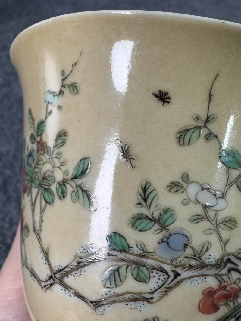 清康熙 米黃地五彩花鳥紋杯一對 - 图24