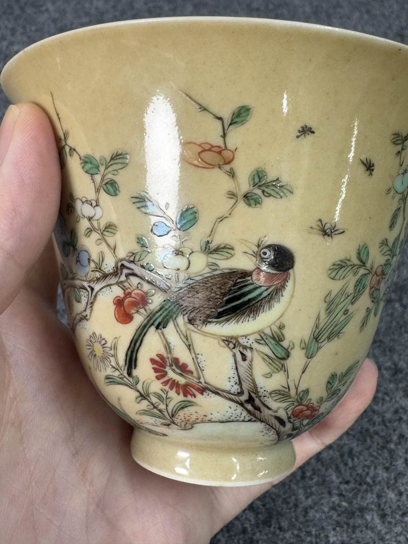清康熙 米黃地五彩花鳥紋杯一對 - 图26